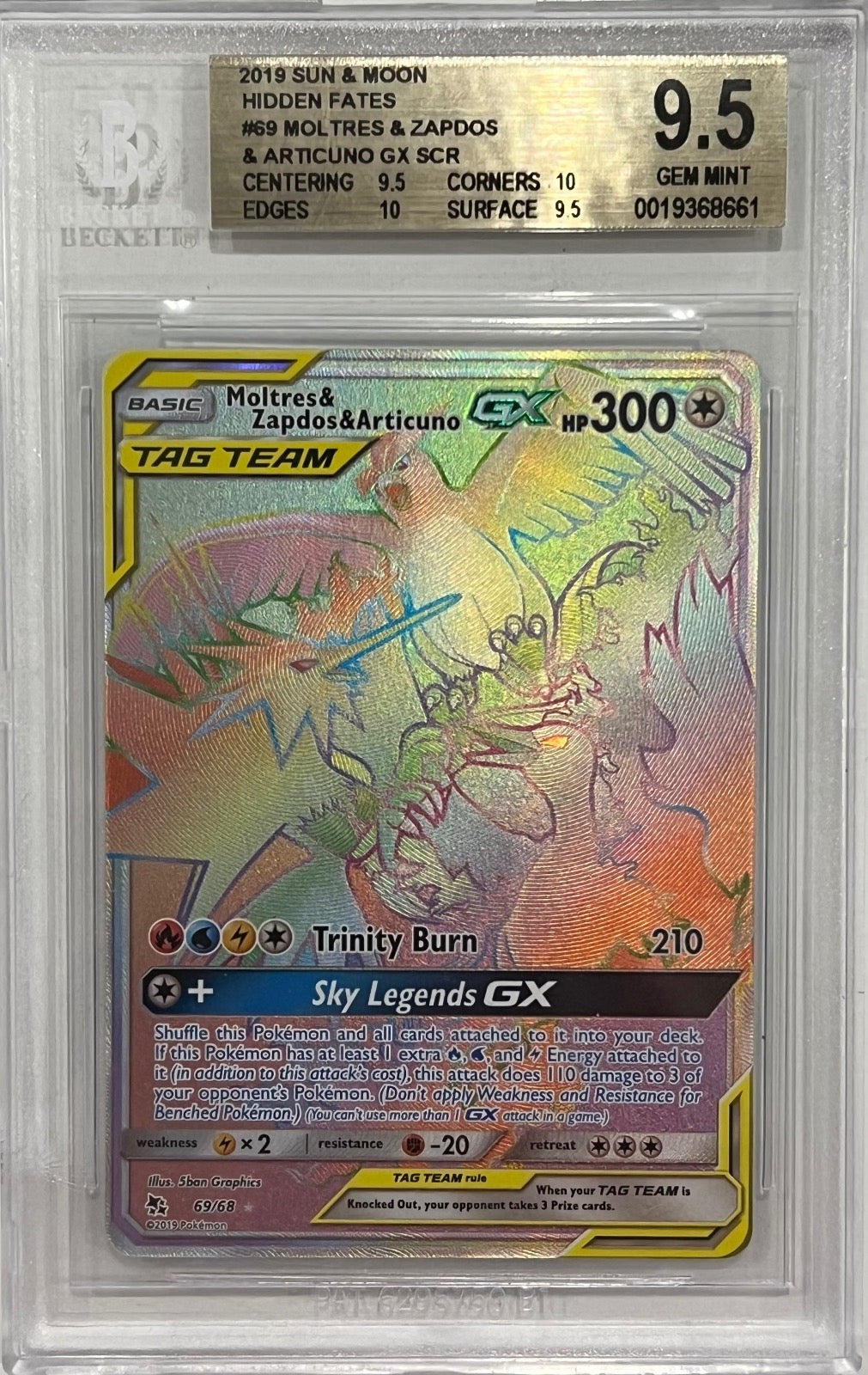 [Bgs 9.5 Gold] Moltres & Zapdos & Articuno GX SCR 69 Sun And Moon Hidden Fates 