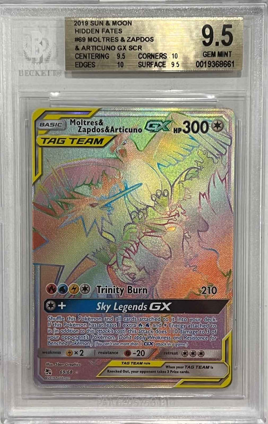 [BGS 9.5 Gold] Moltres & Zapdos & Articuno GX SCR 69/68 2019 Pokémon Sun And Moon Hidden Fates