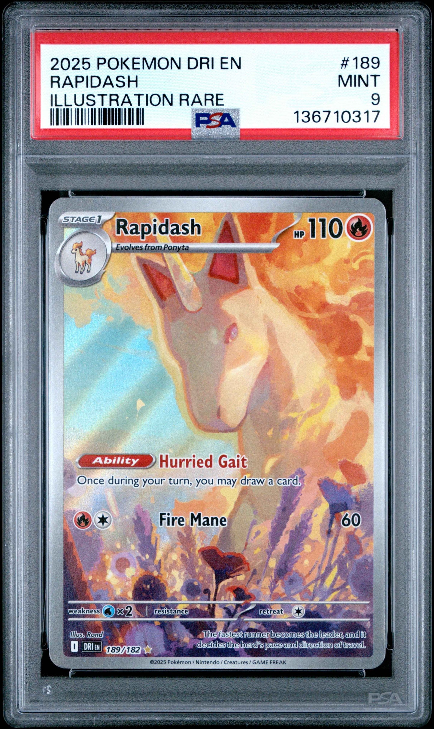 Rapidash 189/182 Illustration Rare Dri En-Destined Rivals Pokemon PSA 9