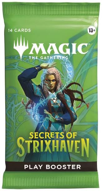 Packaged 'Secrets of Strixhaven' play booster for 'Magic: The Gathering' with green background and character illustration.